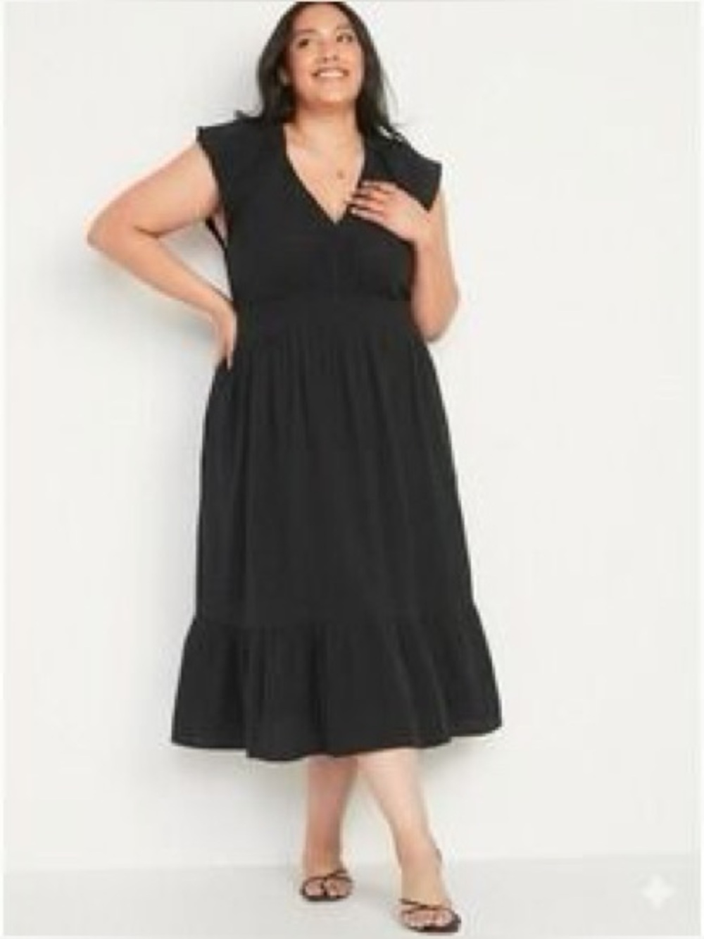 Waist-Defined Flutter-Sleeve Smocked Midi Dress